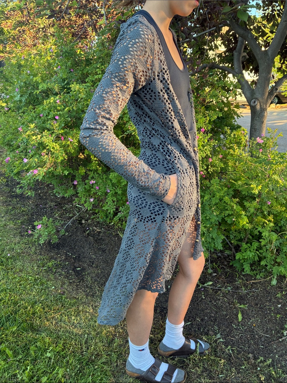 Free People Charcoal Crochet Open-Front Duster Cardigan (XS) - Picture 2 of 5